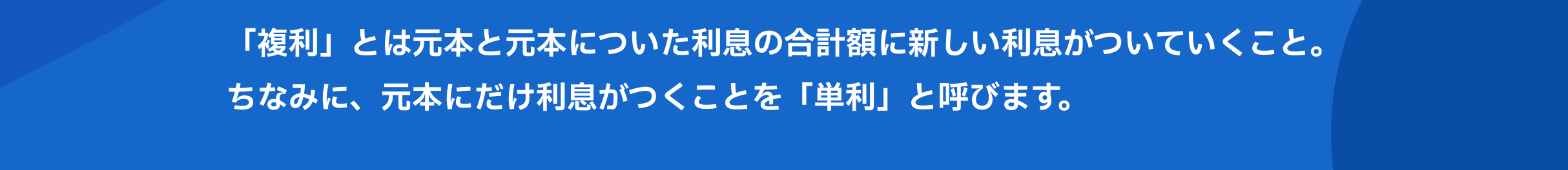 「複利」とは元本と元本についた利息の合計額に新しい利息がついていくこと。ちなみに、元本にだけ利息がつくことを「単利」と呼びます。